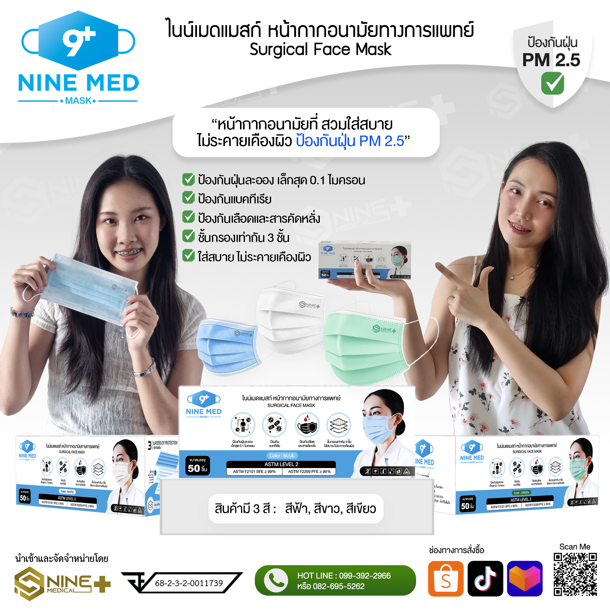 ไนน์เมดแมสก์ (Nine Med Mask) หน้ากากอนามัยทางการแพทย์ สีฟ้า (Blue) - Image 2